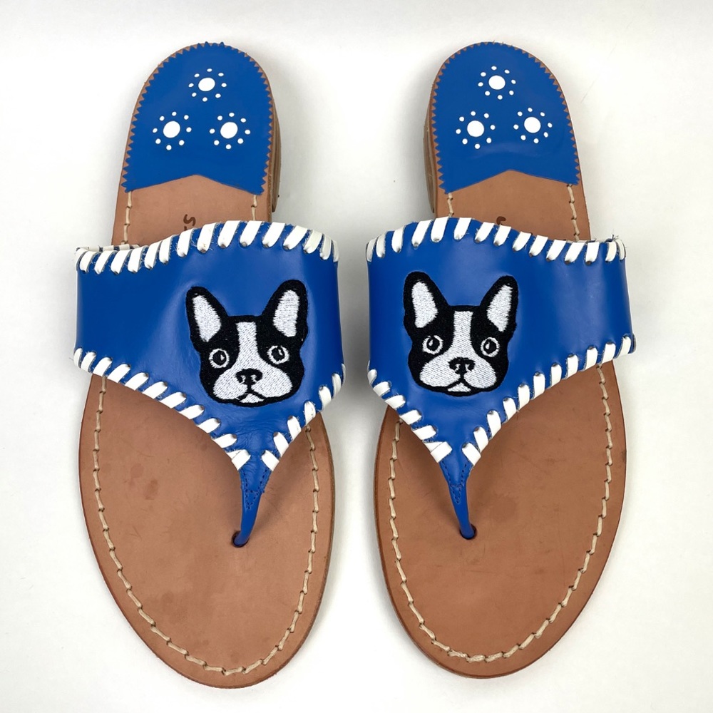 Jack Rogers Blue Leather Dog Thong Sandals French Bulldog / Boston Terrier
